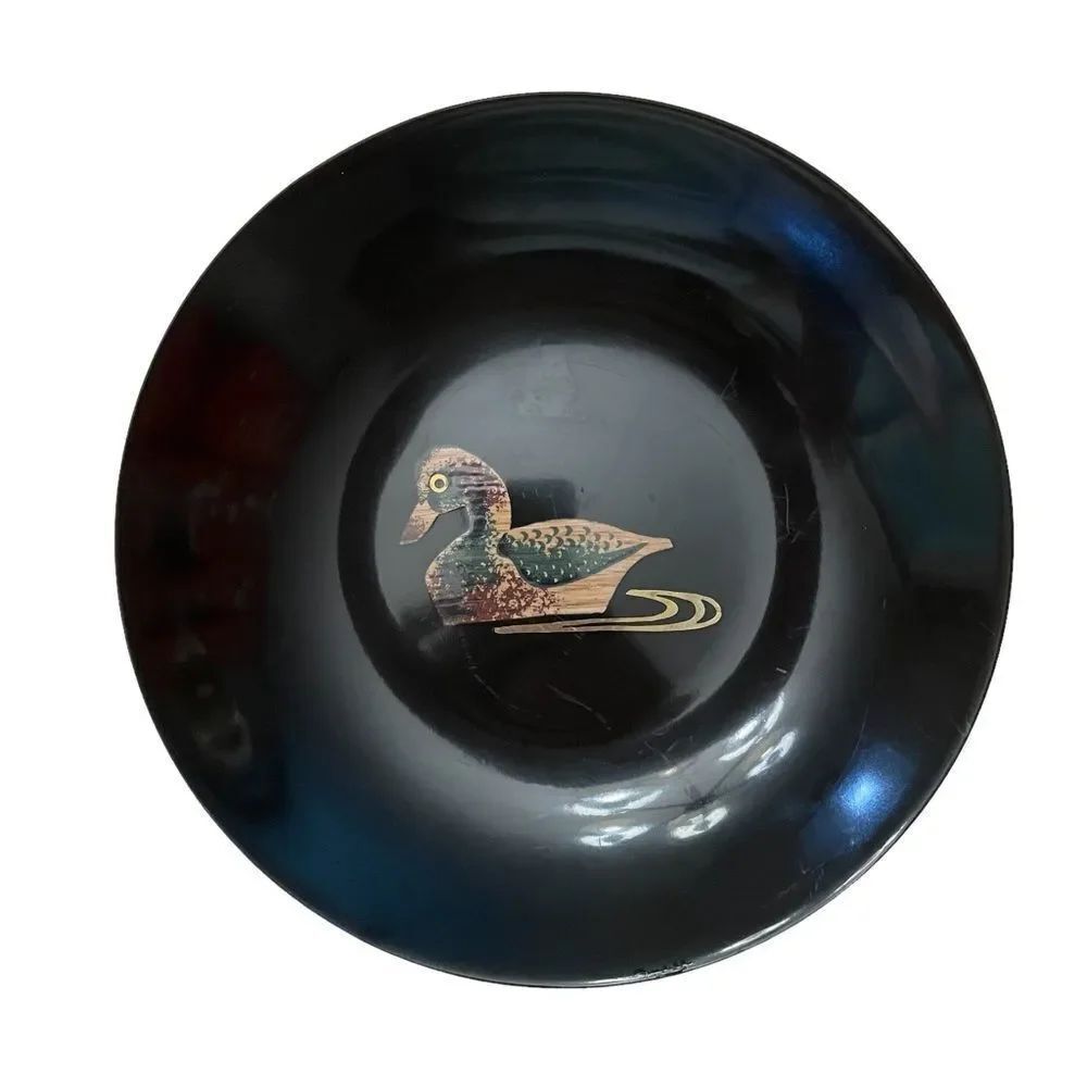 Vintage Couroc Lacquer Wood Inlay Mallard Duck Bowl